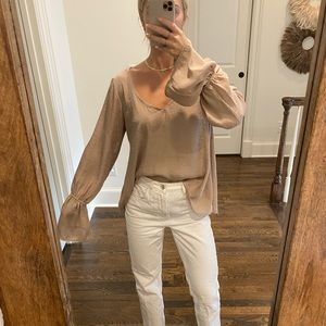 Show Me Your Mumu Tan blouse with option for bell sleeves